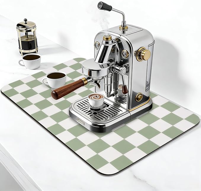 CooRug Checkered Dish Drying Mat, 16" x 24", Green | Absorbent, Leak-Proof, Non-Slip, Heat Resistant, For Kitchen Counter & Coffee Bar, Eco-friendly Materials, Easy to Clean