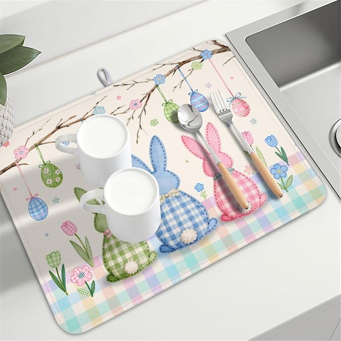 Easter Bunny Dish Drying Mat for Kitchen Counter 18 x 24 Inch Rabbit Eggs Dish Drainer Mat Absorbent Microfiber Dish Rack Pad for Spring Holiday Coffee Dining Bar Decor
