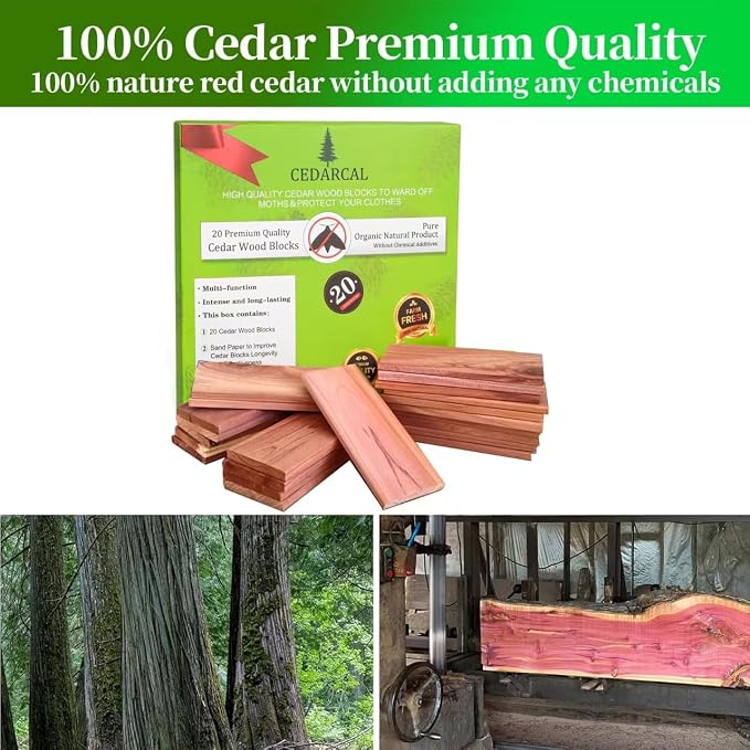 20 Piece Set of Premium Cedar Blocks for Clothes Storage - Crafted from 100% Pure Cedar Wood Planks - Ideal for Organizing Your Closet, Wardrobes, Boxes, Drawers, and Bins.