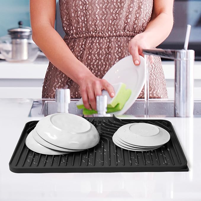 Dish Drying Mat for Kitchen Counter, with Built-in Drain Lip, Food-Grade Silicone, Easy Clean Pad for Countertop Protection, Multi-Functional Use (18x11.8, Black)