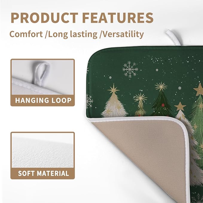 Green Christmas Tree Snowflakes Dish Drying Mat for Kitchen Counter 16x18 Inch Winter Xmas Holiday Dish Rack Mat Absorbent Microfiber Dish Draining Mat Reversible Drainer Pad
