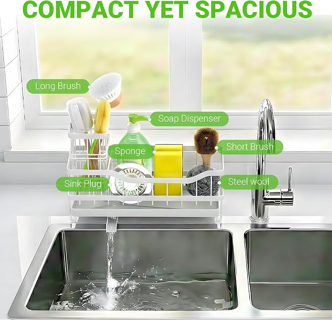 Sponge Holder for Kitchen Sink, Rustproof Sink Caddy Organizer with Dish Brush Holder, Self-Draining Kitchen Sink Organizer Countertop for Soap Dispenser, Scrubber and Sink Storage Essentials, White