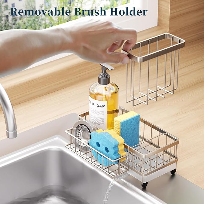 Consumest Sponge Holder for Kitchen Sink - Auto Draining Sink Caddy Organizer with Detachable Rack, High Brush Holder, Kitchen Countertop Storage Accessories, Sand Nickel