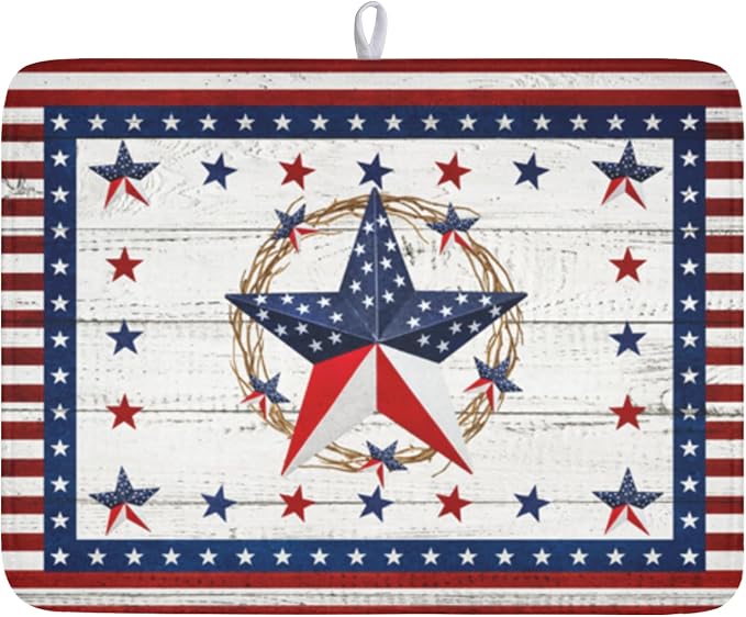 4th of July Patriotic Dish Drying Mat for Kitchen Counter Vintage Red and Blue Star Microfiber Dish Drainer Mat Country Absorbent Washable Drying Pad Extra Large 18"x24"