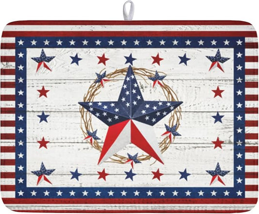 4th of July Patriotic Dish Drying Mat for Kitchen Counter Vintage Red and Blue Star Microfiber Dish Drainer Mat Country Absorbent Washable Drying Pad Extra Large 18"x24"