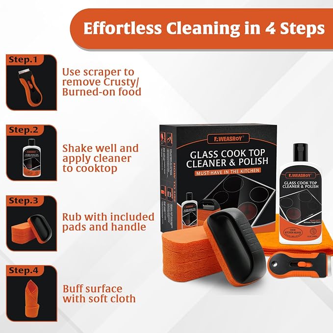 AWEASROY Glass Stove Top Cleaner Kit 12 oz, Cooktop Cleaner and Polish Non-Abrasive No Scratch Removes Tough Stains, with Scrubbing Pad, Handle, Scraper, Cloth