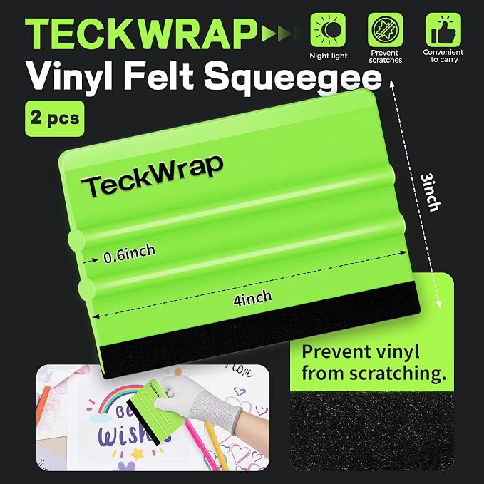 TECKWRAP 2 PCS Professional Felt Squeegee for Vinyl, No Scratch - Green | Scratch Resistant Squeegee for Decals, Inkjet Vinyl, Laminate & Wallpaper DIY Projects