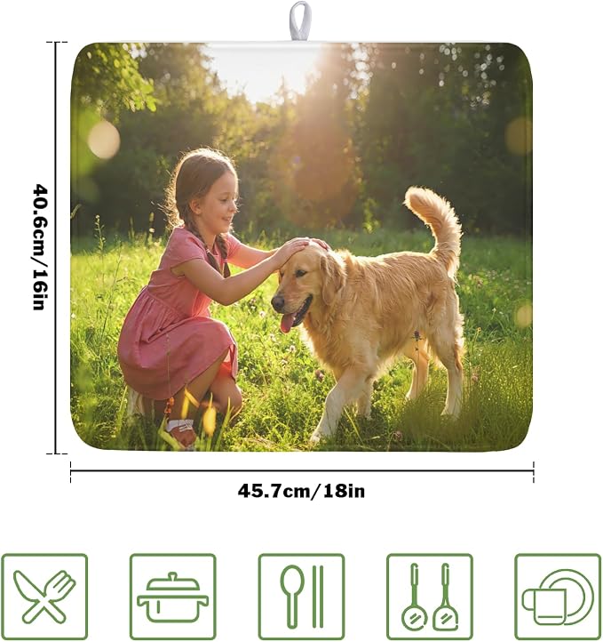 Customized Personalized Dish Drying Mat for Kitchen Counter Custom Any Photo Image Logo Text Microfiber Dish Drainer Mat Absorbent Washable Drying Pad 16"x18"