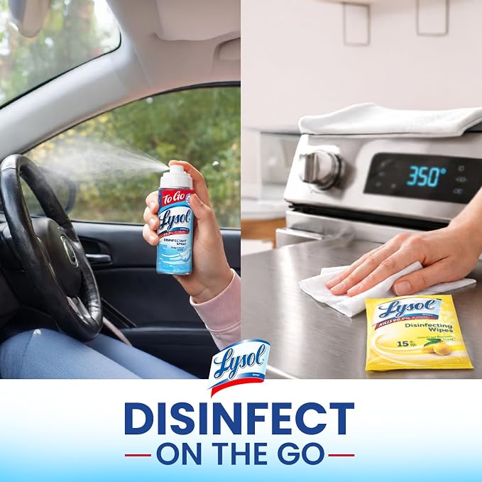 Lysol To Go Bundle - 1.5 Ounce Crisp Linen Disinfectant Spray and Lemon Lime Disinfecting Wipes Flat Pack