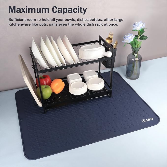 Extra Large 30 x 24 Inch Silicone Dish Drying Mat for Dish Drying Rack, Easy Clean Silicone Drying Mat for Kitchen Counter, Non-Slip Dish Drain Mat , Heat Resistant Silicon Dish Mat, Navy Blue, SAPID