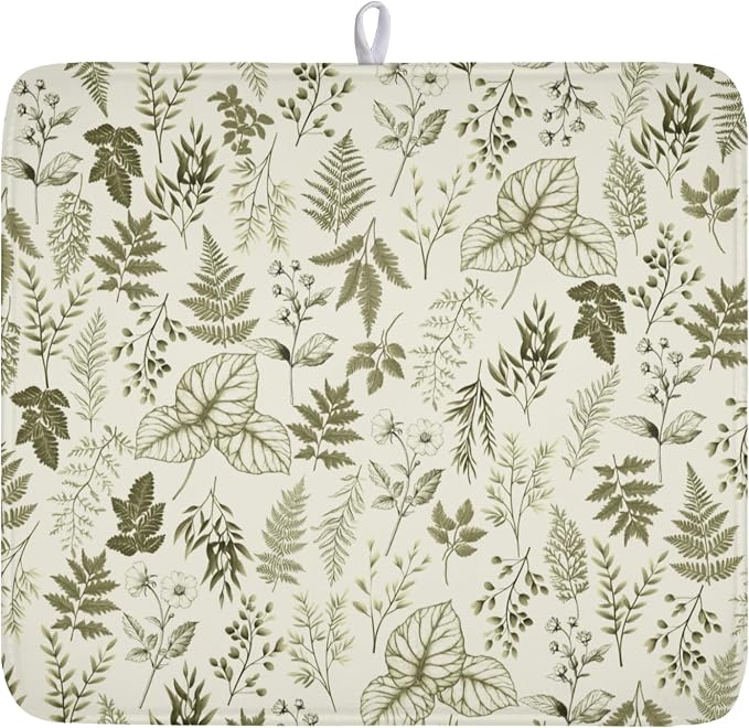 Vintage Botanical Floral Dish Drying Mat for Kitchen Counter Sage Green Herbs Fern Leaves Plant Microfiber Dish Drainer Mat Absorbent Washable Drying Pad 16"x18"