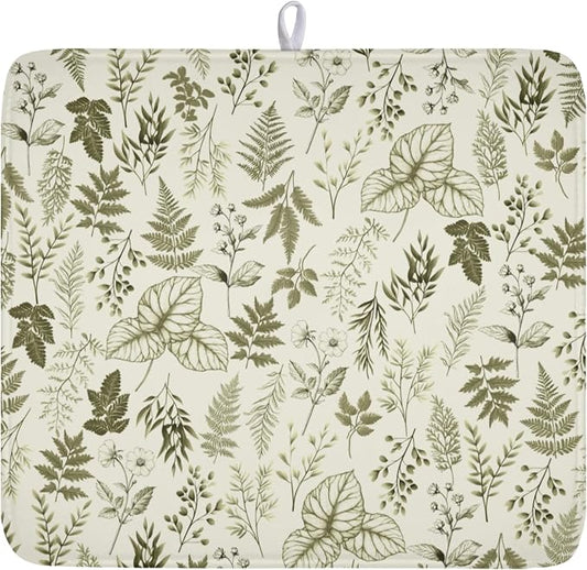 Vintage Botanical Floral Dish Drying Mat for Kitchen Counter Sage Green Herbs Fern Leaves Plant Microfiber Dish Drainer Mat Absorbent Washable Drying Pad 16"x18"