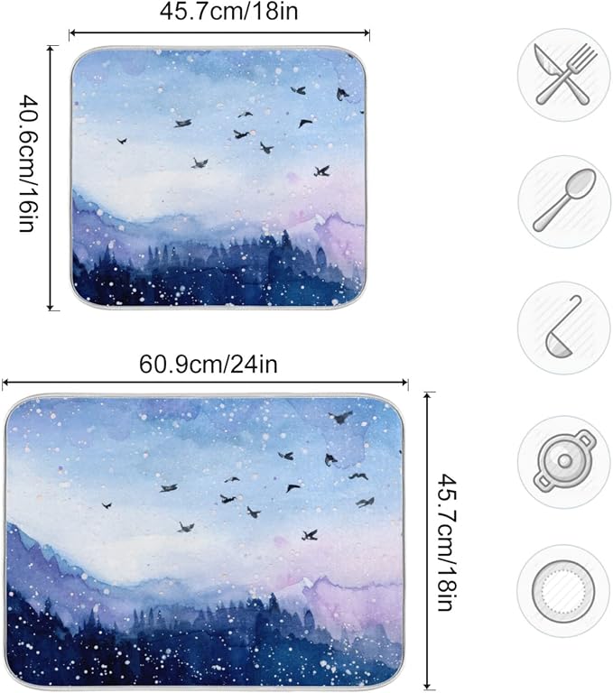 Absorbent Dish Drying Mat for Kitchen Counter - Watercolor Landscape Microfiber Drying Pad, Reversible Drainer Mats for Countertop, Small 16 x 18 inch