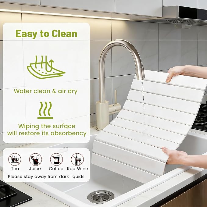 Large Stone Dish Drying Mat for Kitchen Counter, 24"x16" Collapsible Quick Dry Stone Dishes Mats, Water Absorbent Diatomaceous Earth Mats for Bottles Cups Dishes, Match Any Countertop