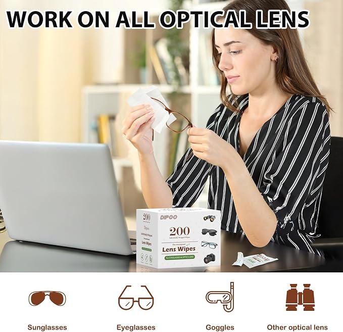 200 Count Lens Wipes for Eyeglasses, Eye Glasses Cleaner Wipes Pre-moistened Individually Wrapped Sracth-Free Streak-Free Eyeglasses Cleaning for Sunglass, Camera Lens, Goggles