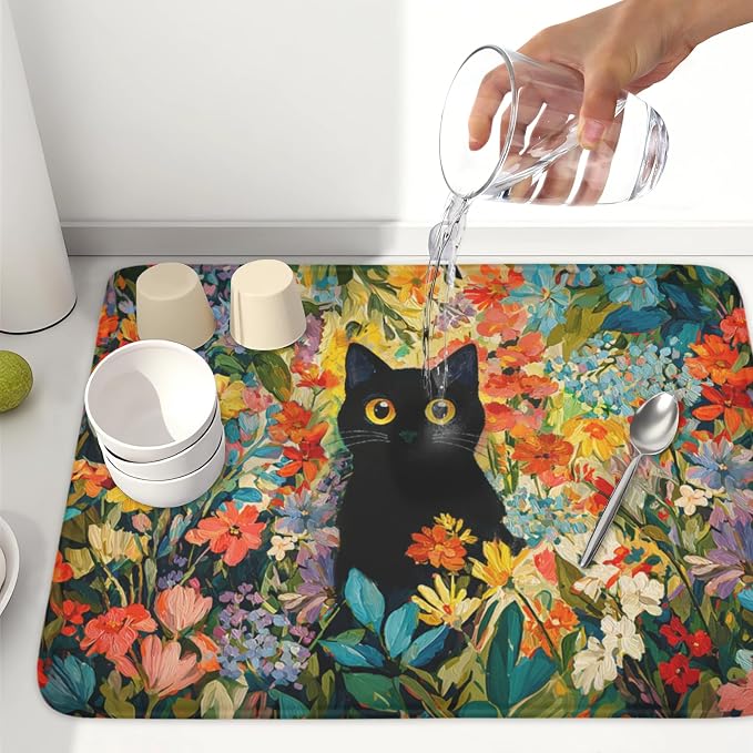 Spring Summer Floral Cat Dish Drying Mat for Kitchen Counter Abstract Oil Painting Wildflower Microfiber Dish Drainer Mat Rustic Absorbent Washable Drying Pad Extra Large 18"x24"