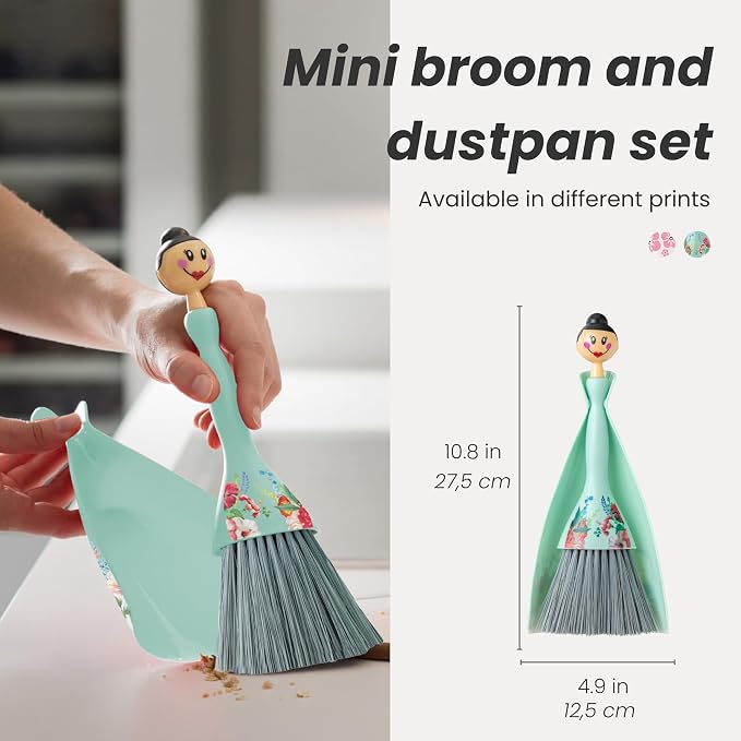 Vigar Mini Broom and Dustpan Set - Small Broom and Dustpan, Hand Broom for Desk, Kitchen, Car, Crumb Brush for Dust & Pet Hair, Decorative Doll Design, Portable Dust Pan Brush for Indoor - Turquoise