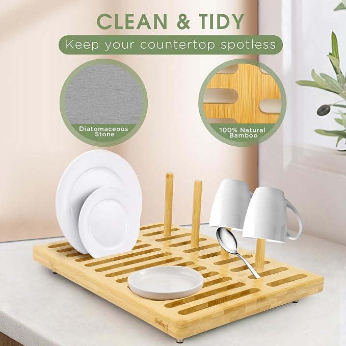 Sofort Stone Drying Mat for Kitchen Counter, Quick Dry Ultra Absorbent Dish Drying Mat with Bamboo Rack, Diatomaceous Earth Drying Pad for Dishes, Plates, Mugs 16″x12″