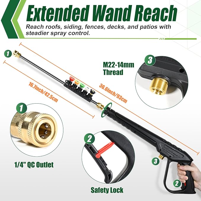 Pressure Washer Gun and Hose, 25 FT Hose with Extension Wand | 3600 PSI Gun & Hose Kit with Wand, M22-14mm Inlet & 1/4" Quick Connect