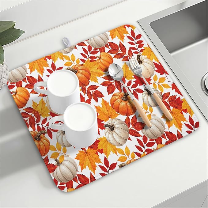 Fall Pumpkin Dish Drying Mat for Kitchen Counter 16x18 Inch Autumn Pumpkins Maple Leaves Drying Mats Thanksgiving Absorbent Reversible Dish Pad Fast Dry Drainer Mat Protector for Countertop Coffee Bar