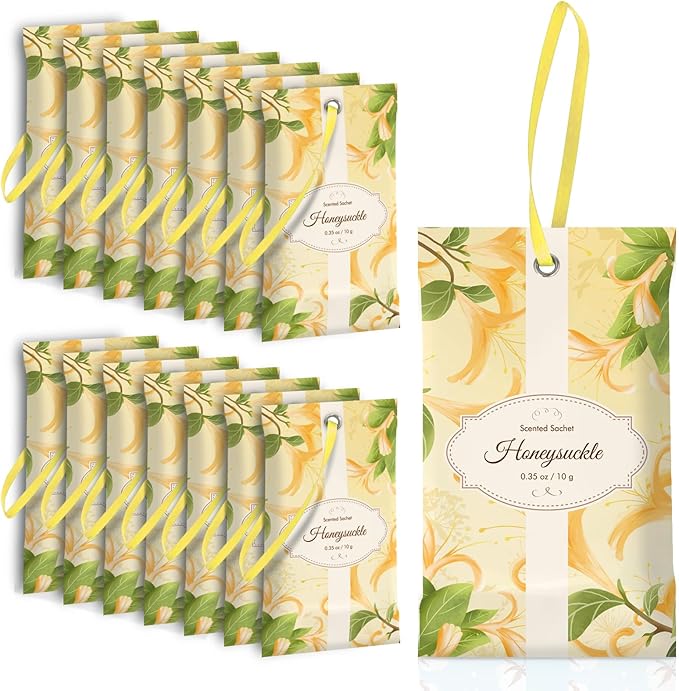 SCENTORINI Scented Sachets for Drawer and Closet, Honeysuckle Scent 14 Pack | Long-Lasting Sachets Bags Gift Set, Wardrobe Freshener for Dresser, Closet, Clothes Storage, Suitcases, Gym Bag, Locker