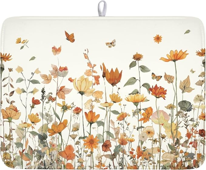 Fall Floral Dish Drying Mat for Kitchen Counter Orange Rustic Vintage Wildflower Pattern Microfiber Dish Drainer Mat Autumn Absorbent Washable Drying Pad Extra Large 18"x24"