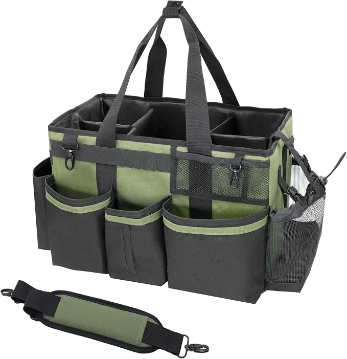 SCAVATA Wearable Cleaning Caddy Organizer with Handle & Shoulder Straps for Housekeepers, Under Sink & Car Cleaning Tool Organizer Bag with 4 Foldable Dividers (Green)