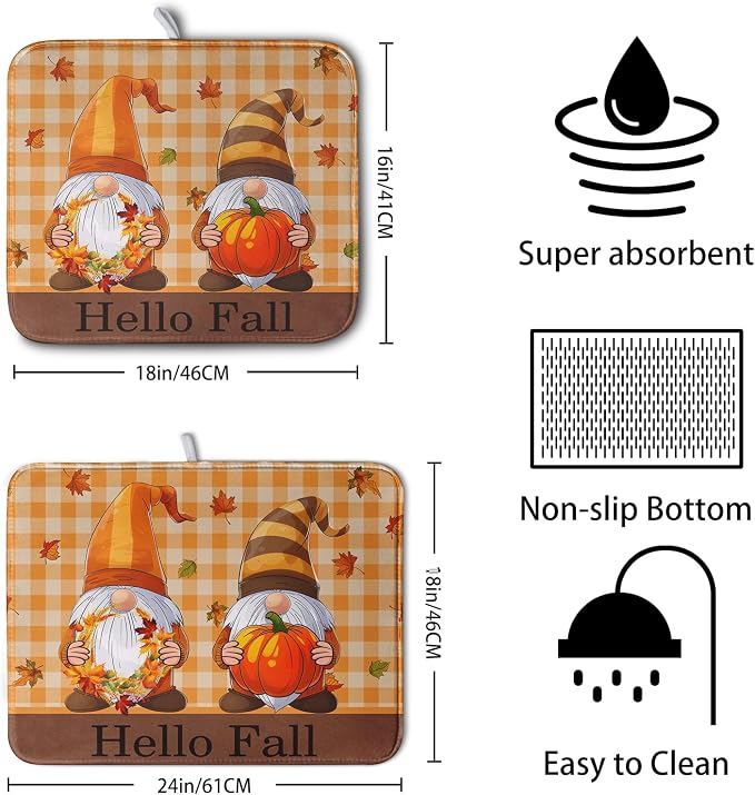 Hello Fall Autumn Gnomes Dish Drying Mat 18x24 Thanksgiving Pumpkin Maple Leaves Harvest Kitchen Drying Mat Orange White Buffalo Plaid Dish Drainer Mat Ultra Absorbent Dish Rack Pad for Coffee Bar