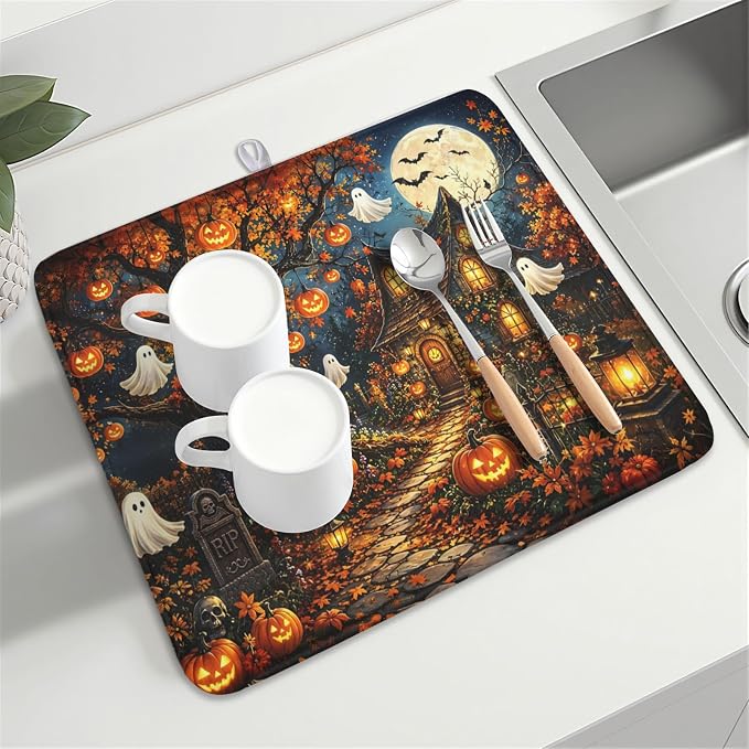 Halloween Dish Drying Mat for Kitchen Counter Seasonal Holiday Fall Spooky Pumpkin Ghost Microfiber Dish Drainer Mat Vintage Rustic Absorbent Washable Drying Pad 16"x18"