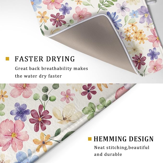 Floral Dish Drying Mat for Kitchen Counter 18x24, Spring Decorative Absorbent Reversible Microfiber Kitchen Countertop Protector Dishes Drainer Pad, Colorful Cute Flower