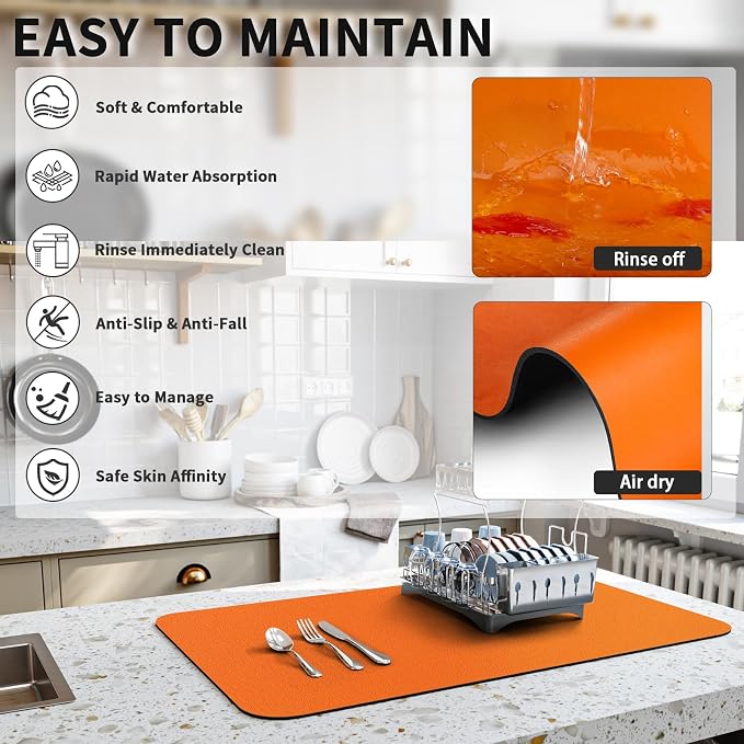 HotLive Dish Drying Mat for Kitchen Counter, Heat Resistant Drainer Mats with Non-slip Rubber Backed, Hide Stain Kitchen Super Absorbent Draining Mat, Easy to Clean Dish Rack Pad, Orange 16"x18"