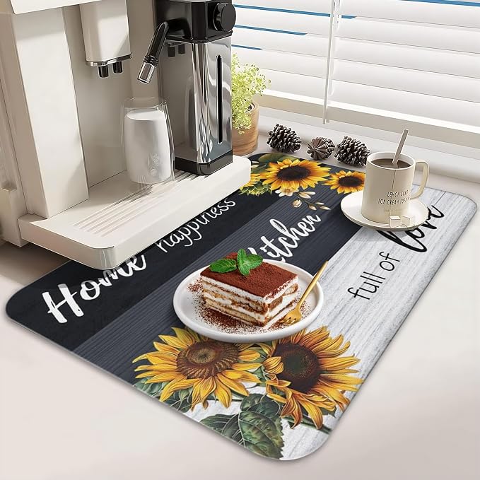 Dish Drying Mat 2-Pack Sunflower Quote for Kitchen Counter Dishes Mat | Diatom Mud Mats (18x24, 19.5x12"). Non-slip rubber back for kitchen counter, coffee bar & sink scenes