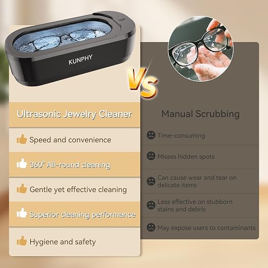 KUNPHY Ultrasonic Jewelry Cleaner, Jewelry Cleaner Machine 12oz 46KHz, Professional Sonic Cleaner with One-Touch Operation, Sonic Cleaner for Rings, Glasses, Jewelry, Dentures (Black)
