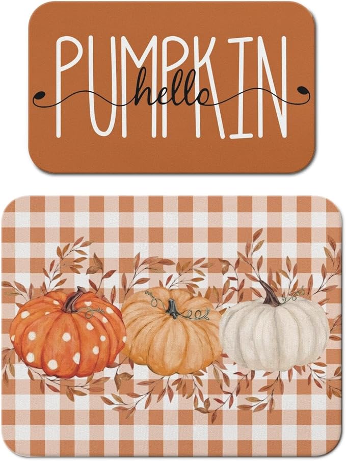 Fall Dish Drying Mat 2-Pack Gingham Pumpkin for Kitchen Counter Dishes | Diatom Mud Mats (18x24, 19.5x12"). Non-slip rubber back for kitchen counter, coffee bar & sink scenes