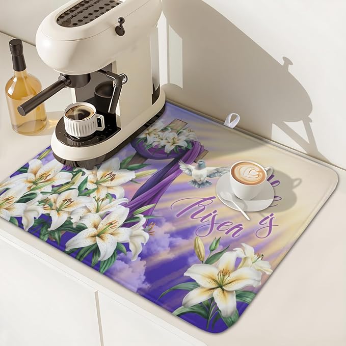 Easter Dish Drying Mat for Kitchen Counter He is Risen Cross Floral Purple Pattern Microfiber Dish Drainer Mat Rustic Absorbent Washable Drying Pad 16"x18"
