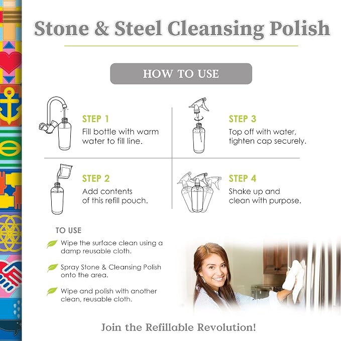 Truly Free Stone & Steel Cleansing Polish Starter Kit - Quartz, Marble, Granite, Stone Countertop, Oven, Stainless Steel Cleaner - 12oz Empty Bottle, 1 Concentrated Fill (3oz)-No Harmful Ingredients