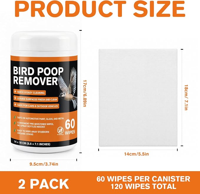 Bird Poop Remover Wipes, 2 Pack, 120 Wipes Total | Car Cleaning Wipes for Bird Droppings, Bird Poop Cleaner Safe for Automotive Paint, Glass, Trucks, RVs & Outdoor Vehicles