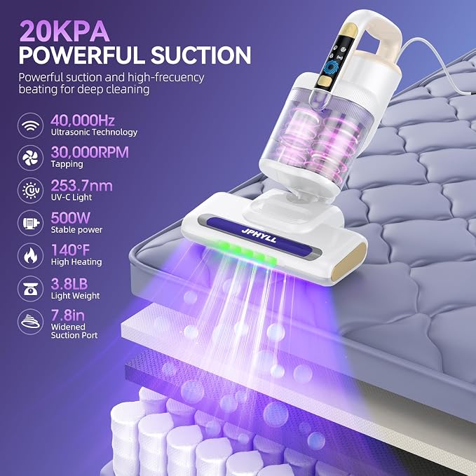 Mattress Vacuum Cleaner, 20Kpa Suction Bed Vacuum Cleaner with 253.7nm UV-C Light, 140°F Heated Air, 30000 RPM Brushroll, 40,000Hz Ultrasonic, HEPA Filter, for Bed, Sofa, 500W Corded (White)