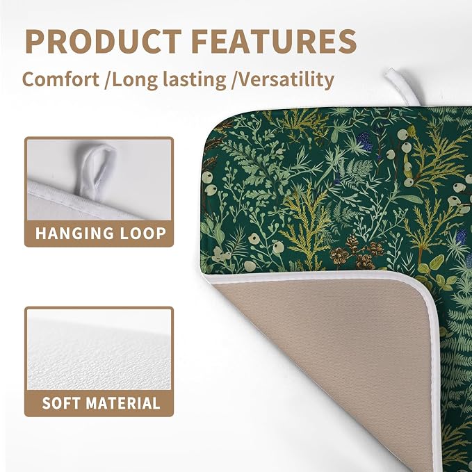 Dark Green Plant Dish Drying Mat for Kitchen Counter Vintage Botanical Floral Leaf Dishes Drying Mat Absorbent Microfiber Dish Draining Pad Washable Dish Drainer Rack Mats 16x18 Inch