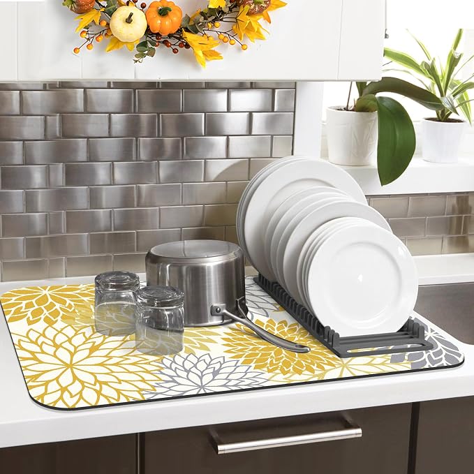 Findosom 2PCS 16" x 24" Fall Dish Drying Mat & 24" x 5.5" Sink Splash Guard, Super Absorbent & Cuttable Dish Mat Drying Kitchen Mat with Yellow Floral, Hide Stain Drying Mat for Kitchen Counter