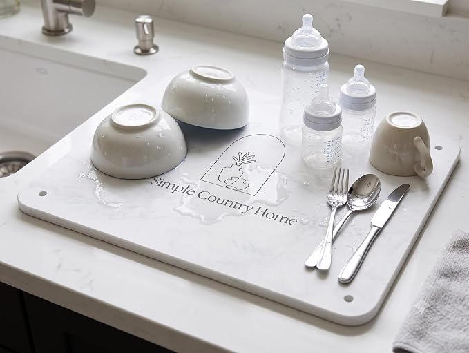 Stone Dish Drying Mat for Kitchen Counter - Ultra Absorbent Diatomaceous Earth Drying Stone, Fast Dry Non Slip Counter Mat Perfect for Dishes, Baby Bottles & Cups | White Marble ( 16x12 Inch )