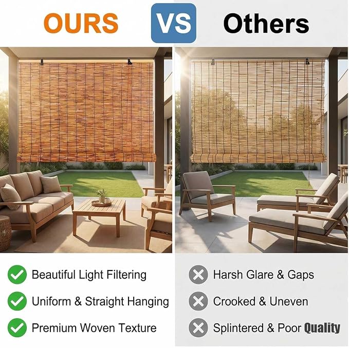 Bamboo Blinds and Roller Shades for Indoor Windows Cordless Natural Light Filtering Roll Up Roman Shades for Outdoor Patio Porch Pergola, Easy Install Privacy Screen Window Blinds(16" W x 64" H)
