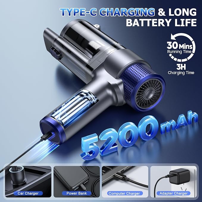 JONYJ Handheld Car Vacuum Cleaner Cordless, 16000PA Hand Held Vacuum Portable, 2 in 1 Air Duster and Mini Vacuum Cleaner Rechargeable with LED, Multi-Nozzles & Washable Filters for Home Office Car Pet