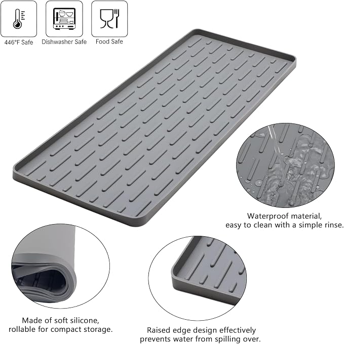 Silicone Coffee Mat, 16"X7" Heat-Resistant,Eco-friendly,Hygienic Drying Pad,Leak-Proof and Non-Slip,Removable Silicone Mat with Concave and Convex Design,（Gray 16X7）