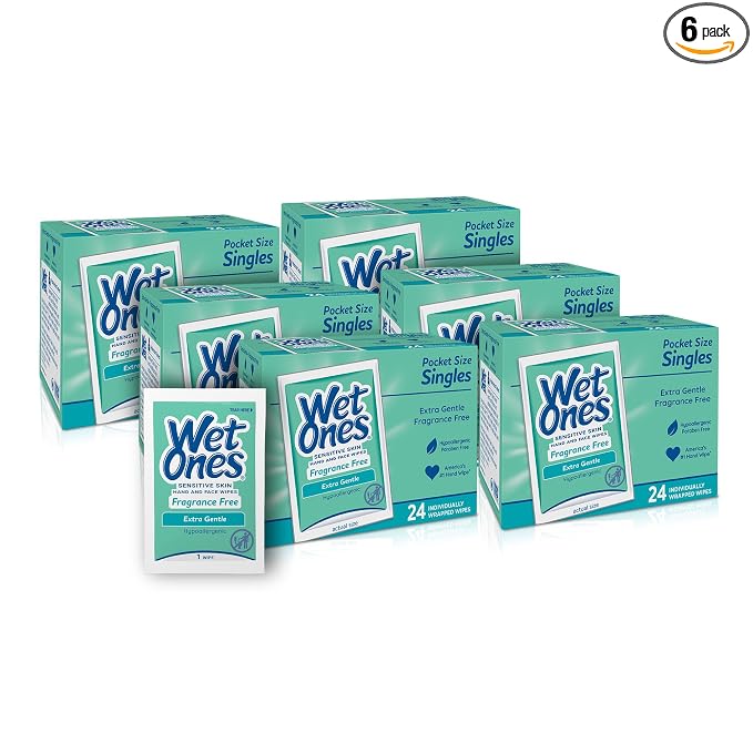 Wet Ones Hand and Face Wipes, Unscented for Sensitive Skin, Individually Wrapped, 24 Count, 6 Pack