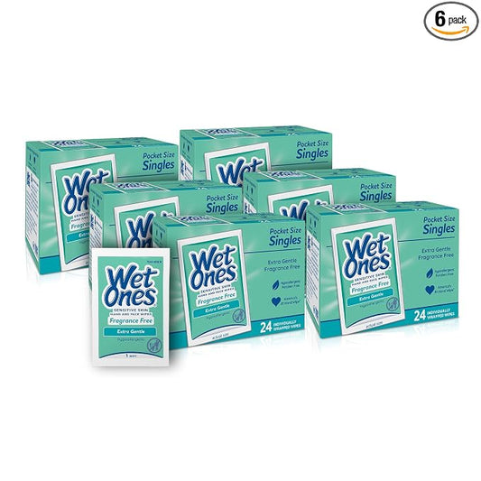 Wet Ones Hand and Face Wipes, Unscented for Sensitive Skin, Individually Wrapped, 24 Count, 6 Pack