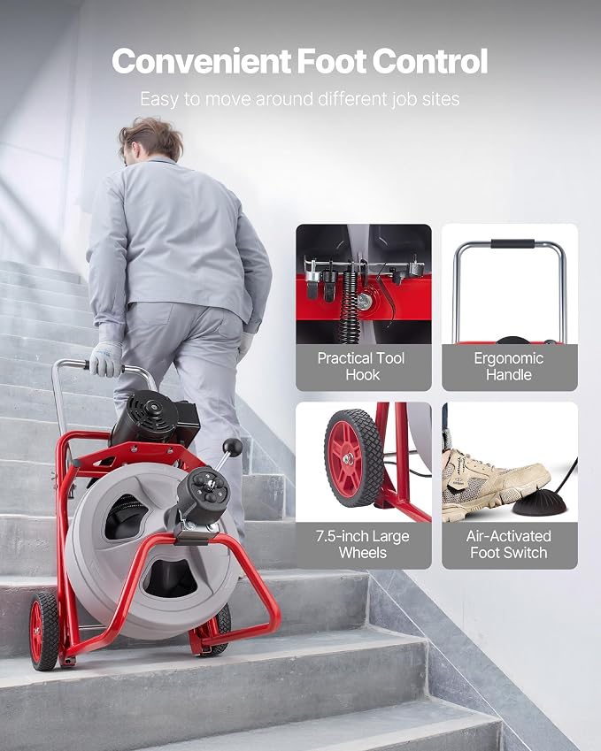 VEVOR Drain Cleaner Machine 100 FT x 1/2 Inch, Auto Feed Sewer Snake Drain Auger on Wheels, Portable Drain Cleaning Machine with 8 Cutters & Air-Activated Foot Switch for 2" to 6" Pipes