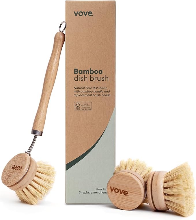 Vove Bamboo Dish Brush with 3 Replacement Heads, Plastic-Free Kitchen Scrub Brush for Pots Pans and Dishes, FSC-Certified Bamboo Handle with Natural Fiber Bristles, Non-Toxic Zero-Waste