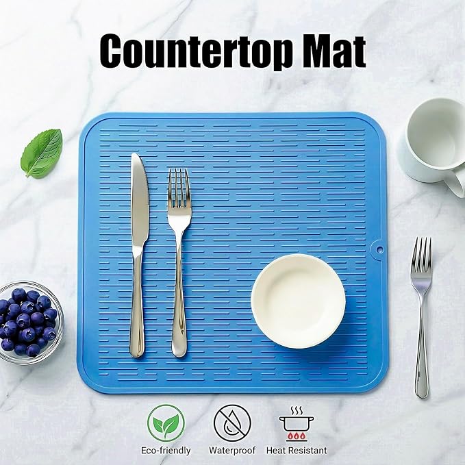 MicoYang Silicone Dish Drying Mat for Multiple Usage,Easy clean,Eco-friendly,Heat-resistant Silicone Mat for Kitchen Counter or Sink,Refrigerator or Drawer Liner Lichen BlueL XL 18 inches x 16 inches