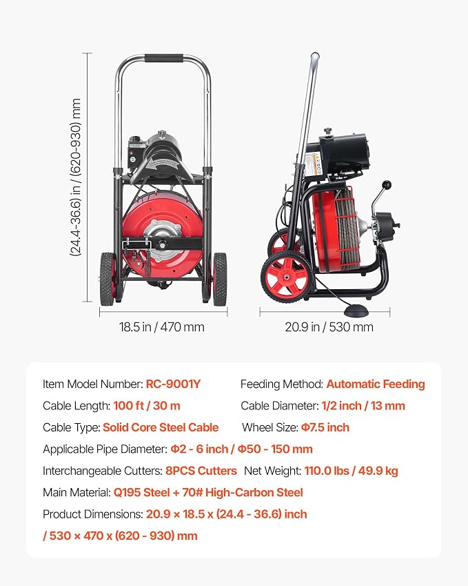 VEVOR Drain Cleaner Machine 100 FT x 1/2 Inch Auto Feed Sewer Snake Auger | Portable on Wheels, with 8 Cutters &, Air-Activated Foot Switch, Fits 2" to 6" Pipes